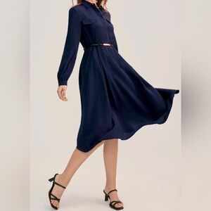 LILYSILK | Long Sleeve Retro Graceful 100% Silk Dress | Navy Blue / XXL